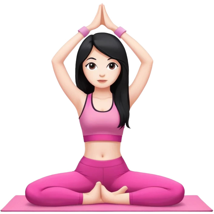a girl with black long hair and white skin wearing a pink workout set and doing yoga emoji