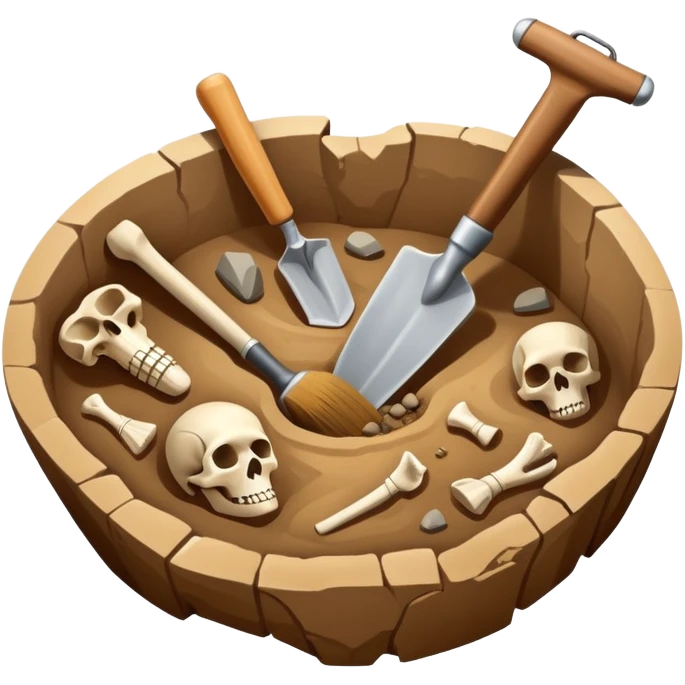 An icon featuring an excavation site with a trowel and ancient artifacts, like pottery and bones, scattered around. The design includes a partially uncovered fossil and a digging brush, symbolizing the discovery of history through archaeology. Transparent background  emoji