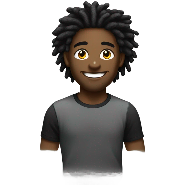 Black guy with black and white short fluffy dreadlocks, and black t-shirt, smiling emoji