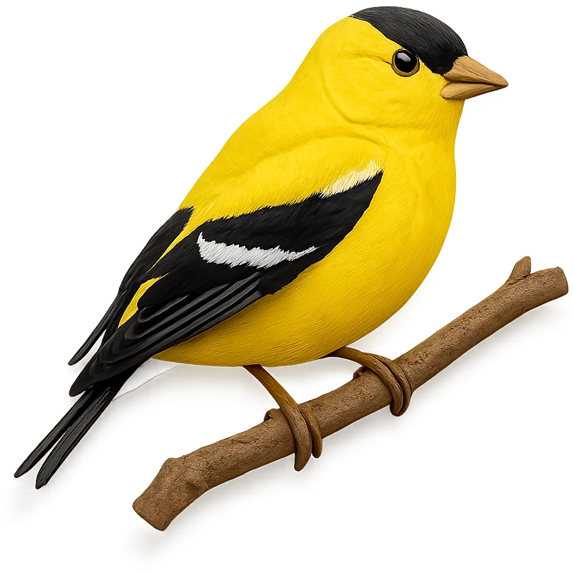very detailed American Goldfinch perched on a tree branch, intricate cut paper textures, bright yellow feathers, black wings and cap, realistic markings emoji