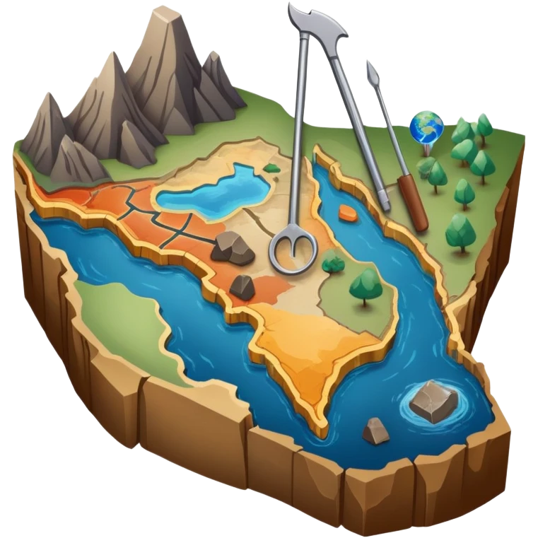 An icon featuring a crowbar and a geological map, and layers of Earth’s crust, symbolizing geology. The design includes mineral samples, fossils, and tectonic plates, representing the study of Earth’s structure and natural processes. Transparent background highlights geological exploration emoji