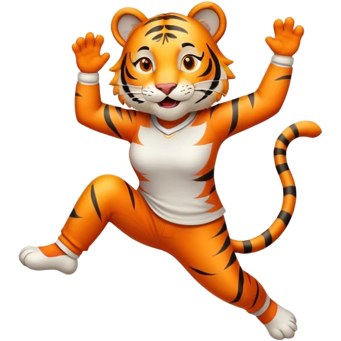 friendly anthropomorphised female tiger in a shirt and pants leaping, energetic pose emoji