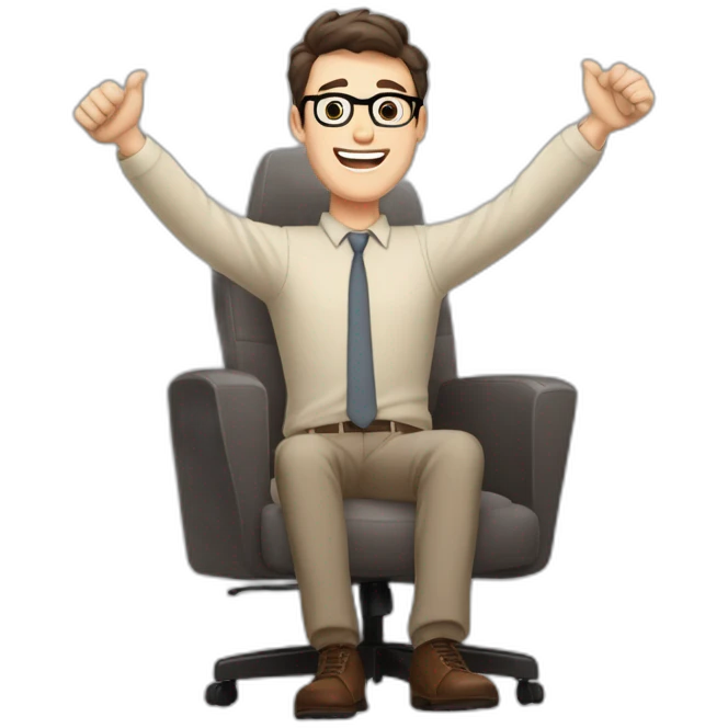 Joyful Celebrating victory Hands up Pale skinned Fit Man With dark brown hair in gray jacket, beige office shirt, Brown pants and vintage glasses sitting In a soft chair emoji