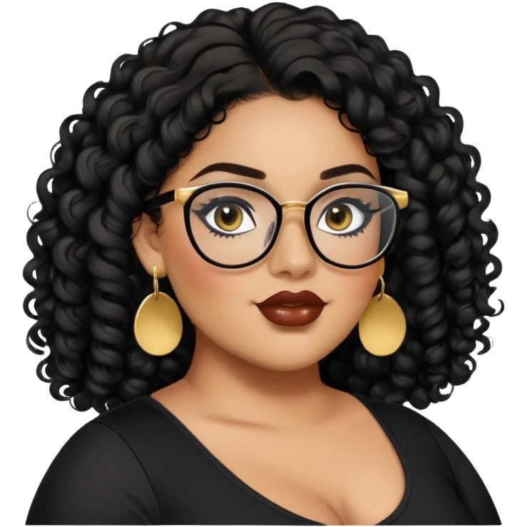 big plus size, latina, darker tan skin, long black curly hair, baddie,pretty, makeup, lipgloss, black eyeliner, long hair, SMALL gold earrings, black top, black glasses emoji