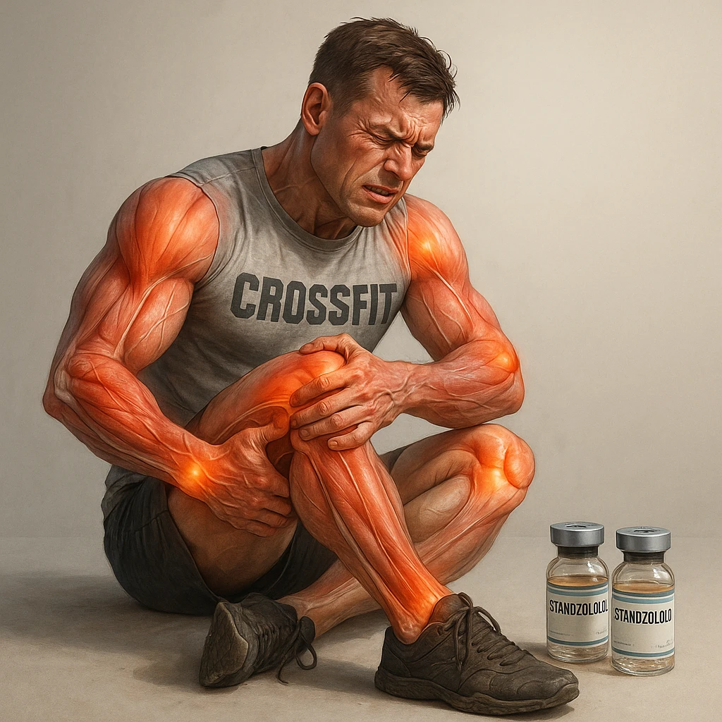 realistic and anatomical crossfit athlete with joint problems all over the body, detailed muscles and joints, pained expression, vials of 'Stanozololo' nearby, natural light, neutral background emoji