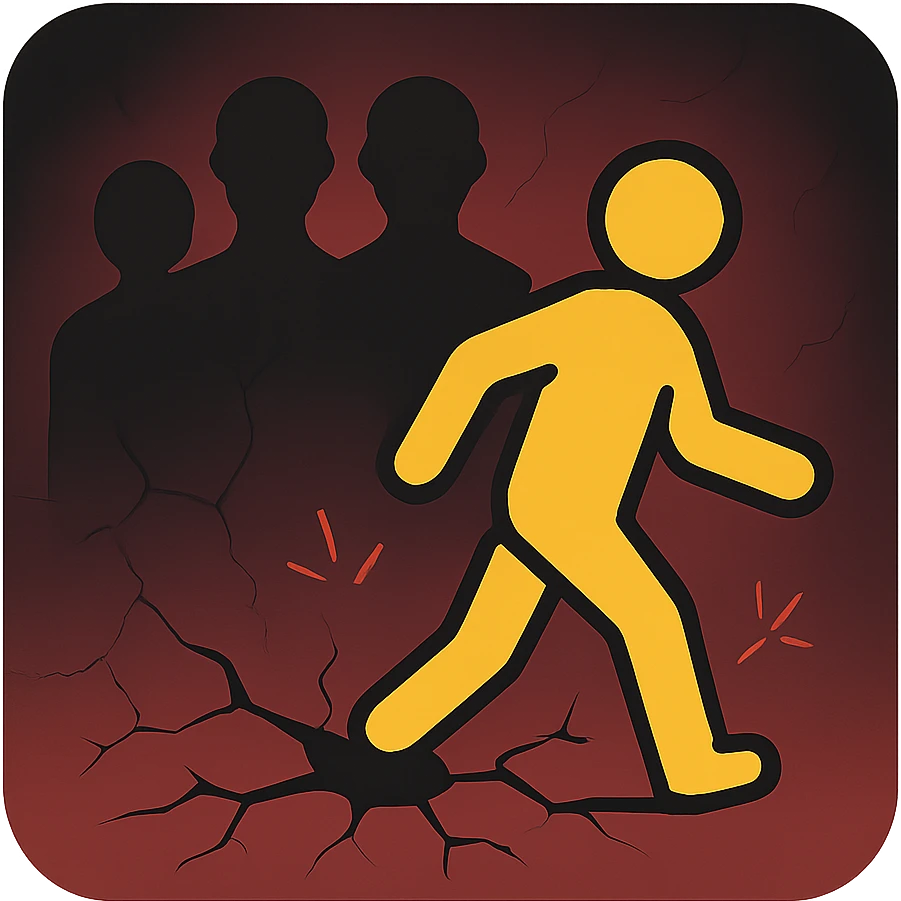 thumbnail with silhouette of person stepping away from shadowy figures, dark background with deep red and black gradients, faint cracks and spark effects emoji