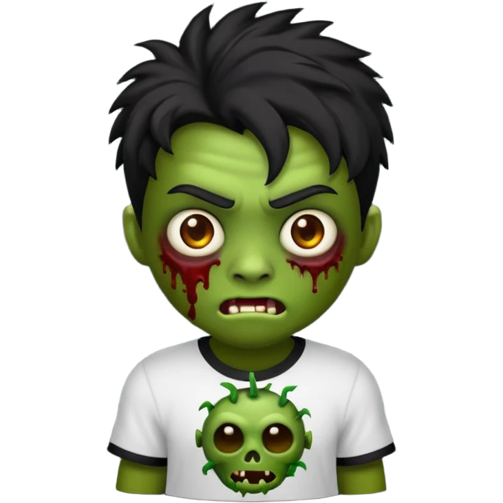 Faça um emoji de um garoto zumbi de cabelos pretos curtos com mechas loiras e com uma camisa preta de mangas compridas. emoji