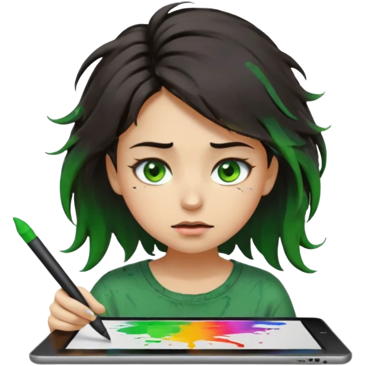emoji holding and drawing on tablet using a stylus, looking down at screen in frustration, female, messy dark hair, green eyes, alternative/grunge style, screen slightly visible with splashes of color like a paint palette  emoji