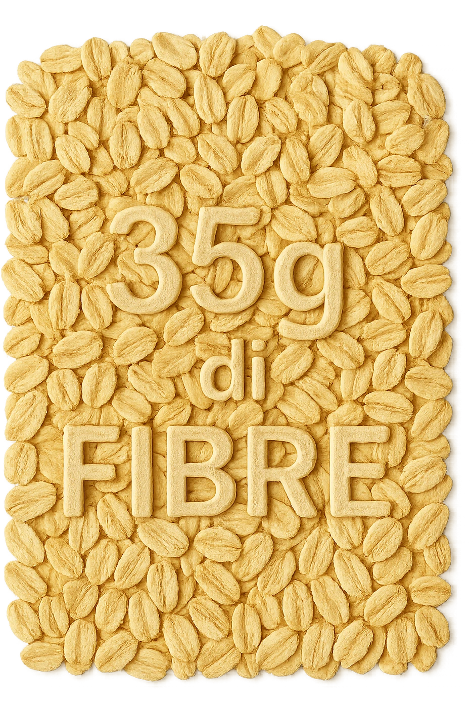 FIOCCHI DI AVENA VISTI DALL'ALTO E LA SCRITTA "35g di FIBRE" IN RILIEVO, IPERREALISTICO 4K emoji