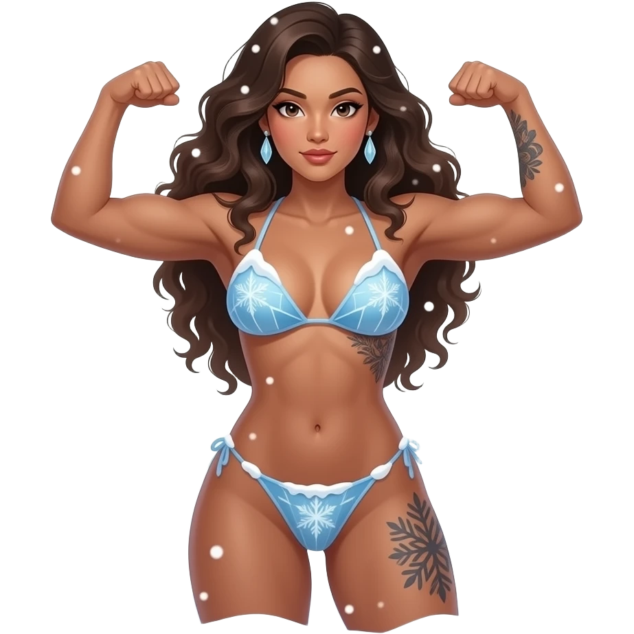 full body nude, sexy brown skin female with long curly hair, full body nude, dark asian eyes, flexing in snow, snow flakes falling around, surrounded by icebergs and snow, ice tattoes, snow makeup, all in ice and snow emoji