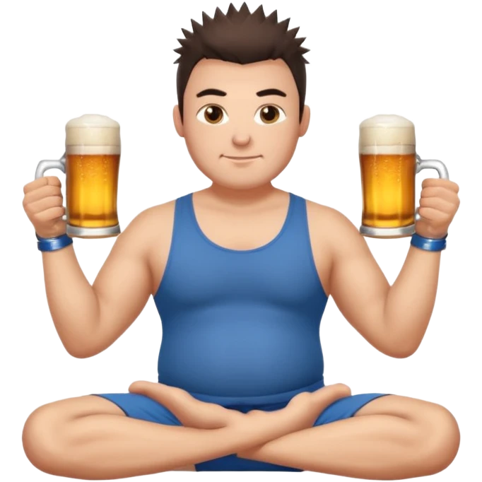 big slavic guy sitting in yoga pose, spiky short dark hair, holding beer mugs in two hands emoji