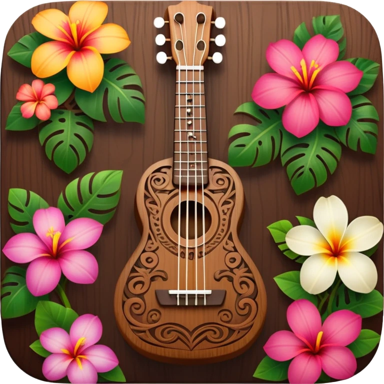 Ukulele with Polynesian carvings with flowers behind it emoji