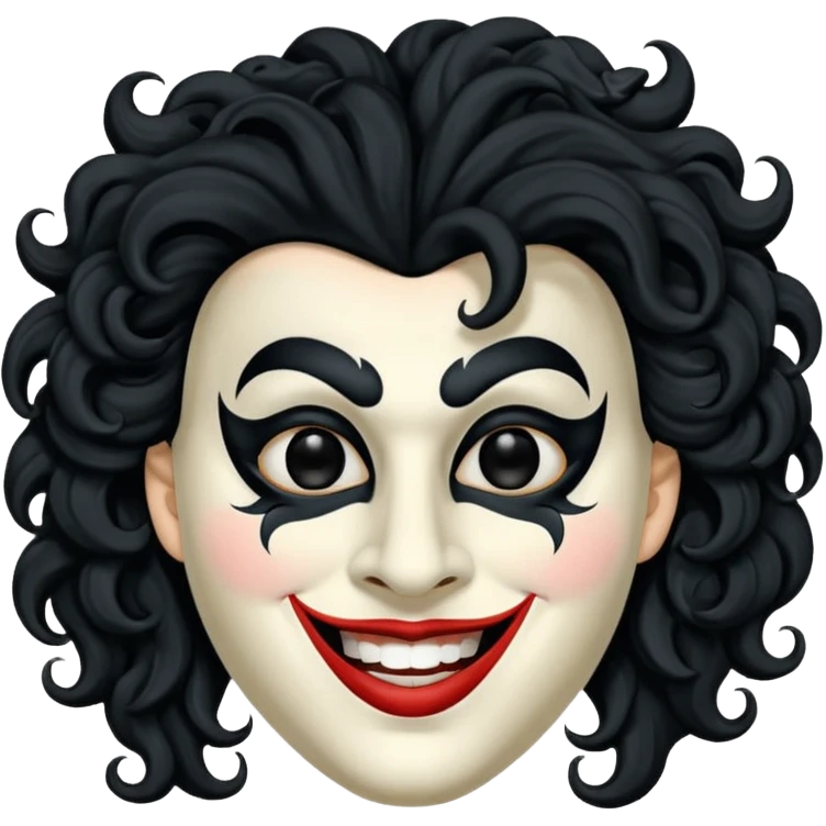 generate theatre mask emoji with a big curly black hair 

wide black smile, long and pointy white nose, pitch black eyes emoji