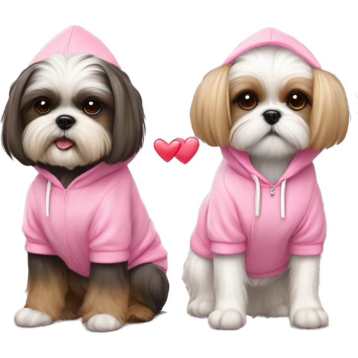 one very cute shih tzu girl and one maltaise dog wearing a pink hoodie with hearts emoji