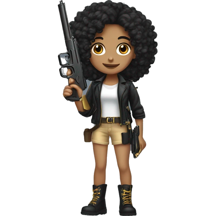 Tan girl with black curls, holding a black and gold gun ￼ emoji
