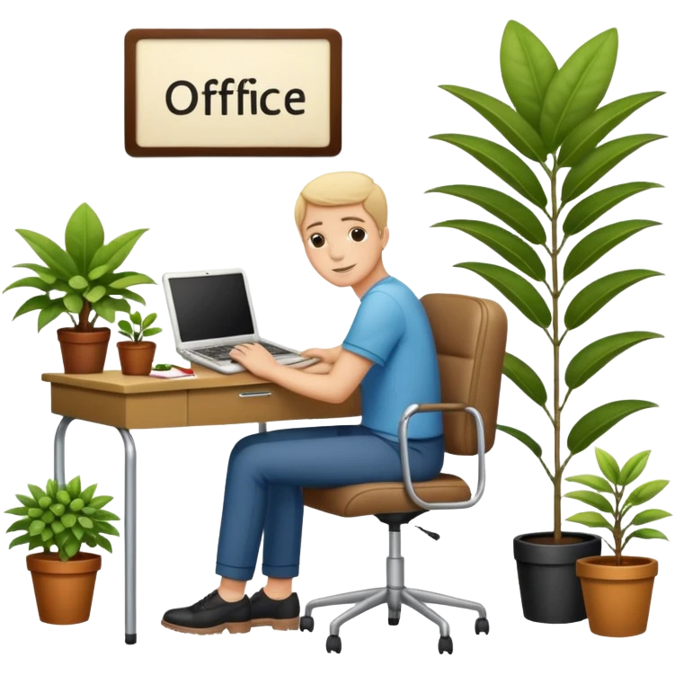 imagen de oficina con escritorio, silla, notebook, agenda y una plata con un cartel que diga FUERA DE OFICINA emoji