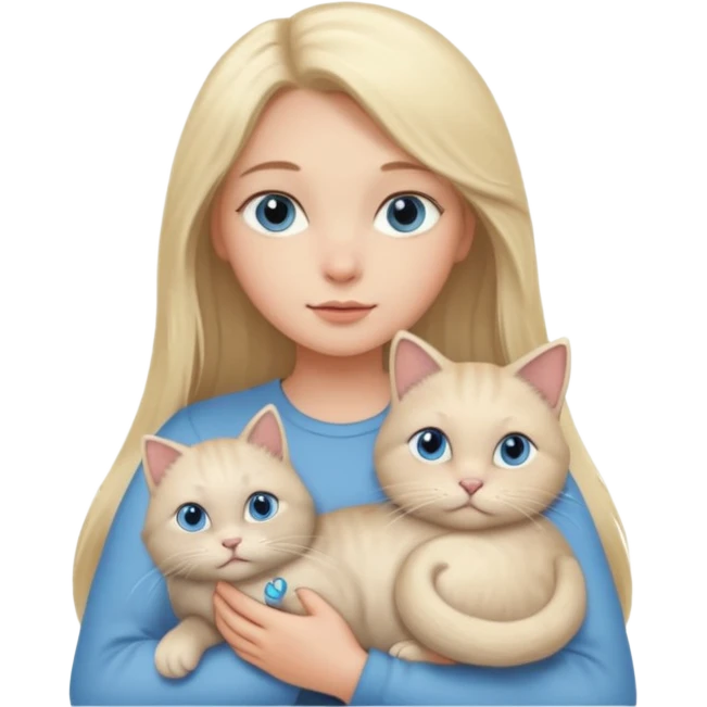 blonde girl with long blonde hair and blue eyes with chubby gray cat emoji