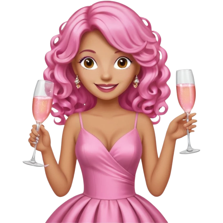 One lady with long pink curled hair and tan skin holding a glass of  pink champagne in each hand emoji