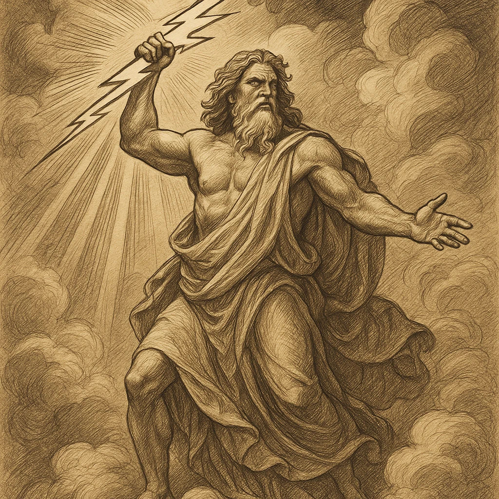 Zeus, the Greek god, with a thunderbolt, in a powerful pose, classic mythology style, detailed mythological illustration emoji