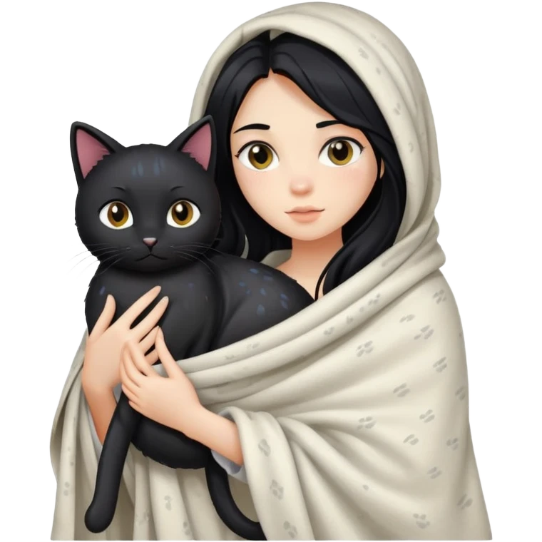 A girl with fair skin, long black hair, just got out of the shower, wrapped in a blanket and holding a black cat emoji