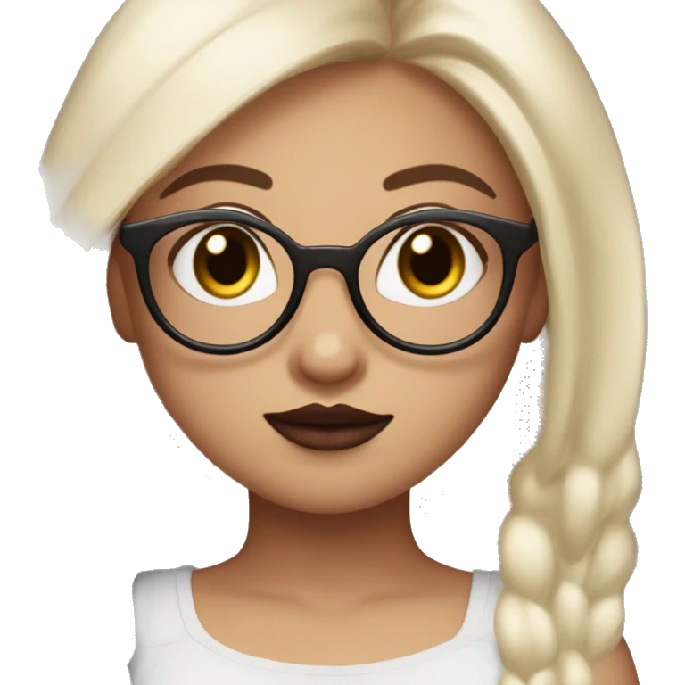 A super fair-skinned cute chubby girl, with side-partitioned super straight long black hair, round eyes, thin lashes, thick lips, bunny teeth, 2 cheek dimples, maroon lipstick, wearing square eyeglasses, black top. no cleavage emoji