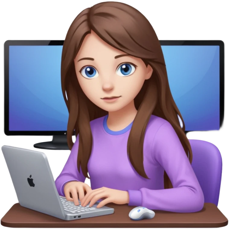 beautiful girl with long brown hair, blue eyes and wearing light purple clothes playing pc games emoji