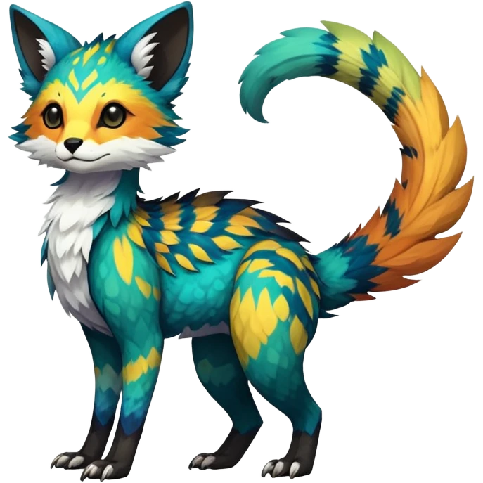 Rare realistic exotic edgy epic pretty beautiful handsome gorgeous aesthetic colorful vibrant Vernid-Trico-species-Fakemon-creature by LiLaiRa, 4 legs, 1 tail, random markings, (full body) emoji