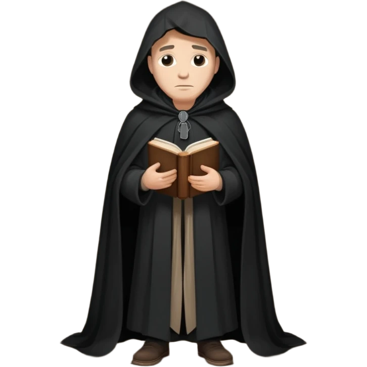 A wandering philosopher in a long black cloak with a book full height emoji