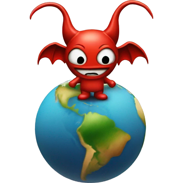 devil standing on the ground with a tiny planet earth revolving around it emoji
