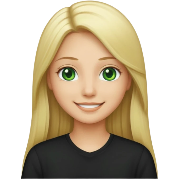 Long straight blonde hair with green eyes and black shirt smiling emoji