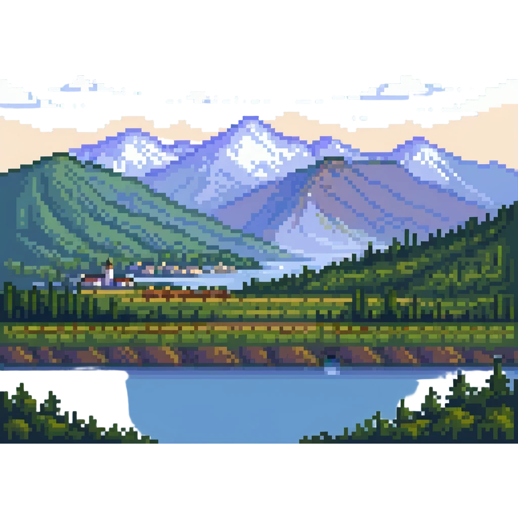 landscape of Nalchik with mountains in the background in pixel art style emoji