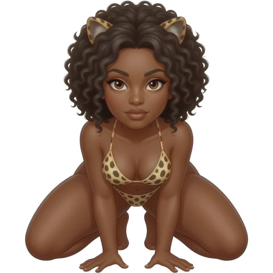 Coloca a la mujer afroamericana de frente, mirada sexy de la mujer,de rodillas en forma de animal, culo más alto que la cabeza, culo enorme, con los brazos estirados hacia delante, vista frontal emoji