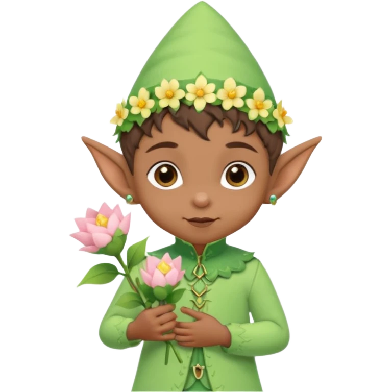 Tiny elf baby brown skin with pointy ears and hat, pastel green outfit, hold flowers emoji