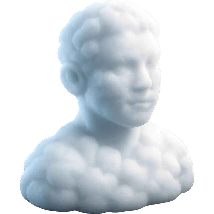person looking straight, fully made of white fluffy convex clouds, shoulders up, no shadows, matte glass style emoji
