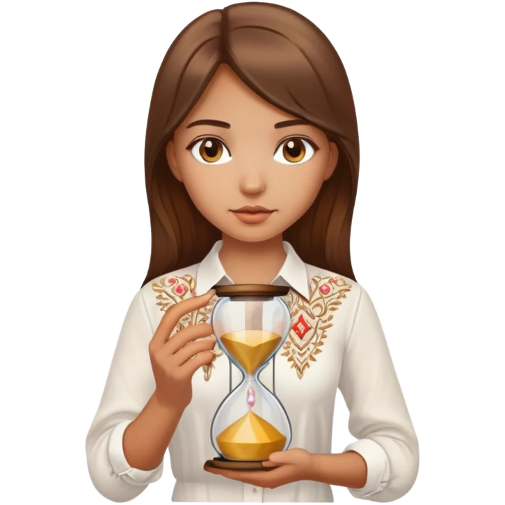A Ukrainian girl with brown hair wearing a white embroidered shirt holds an hourglass in her hands emoji