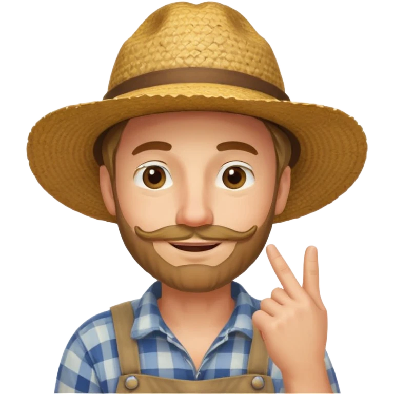 “A single emoji-style character combining 👨‍🌾😄 and 🤔: a smiling farmer man with a straw hat, friendly face, and light beard, holding one hand under his chin in a thinking gesture. His index finger rests under his face, eyes looking slightly upward as if thinking.  emoji