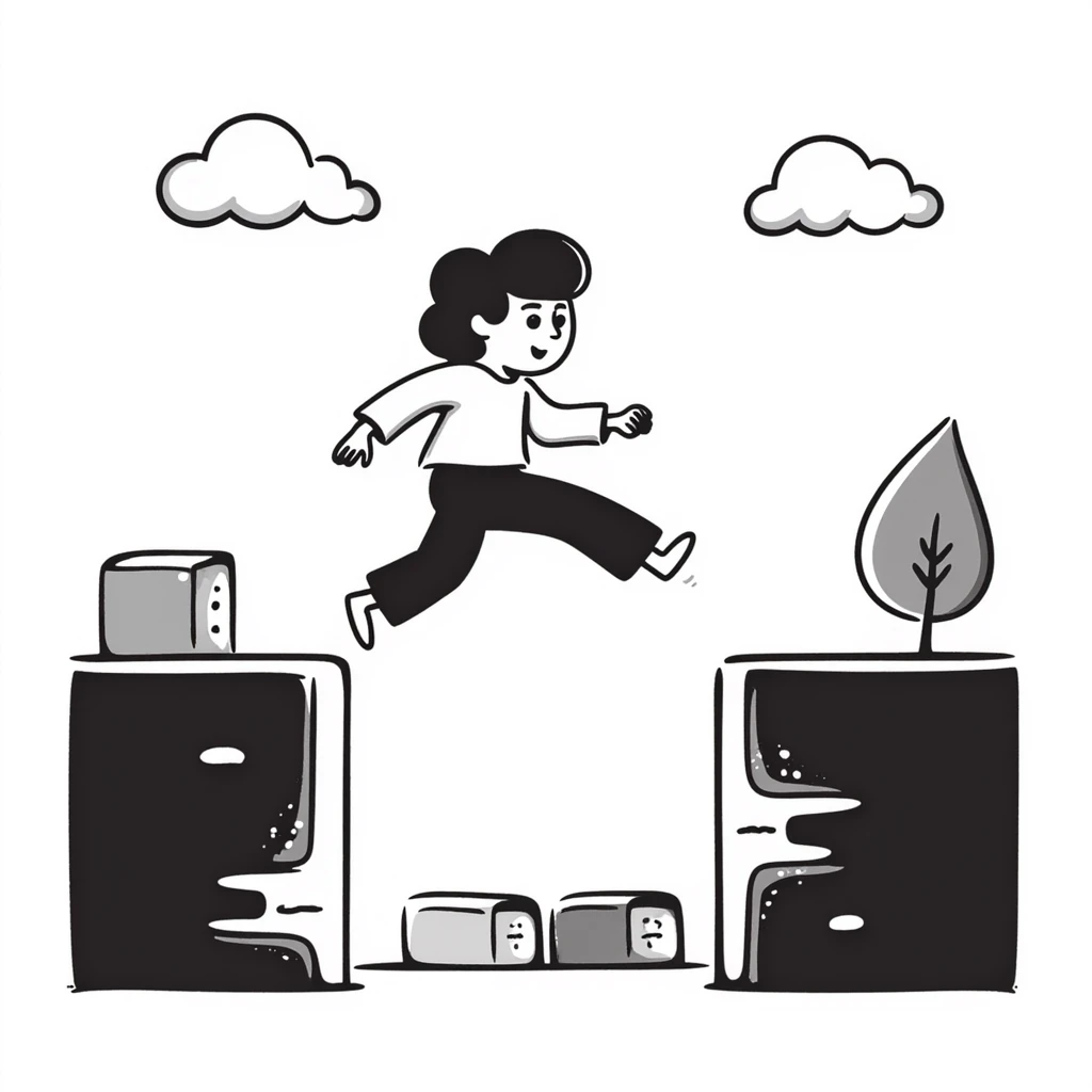 pixel art of a retro side-scrolling video game scene with blocks, platforms, clouds, and a character jumping, 8-bit Game Boy style emoji