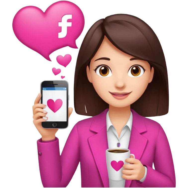 Social media manager. She has dark brown hair, brown eyes, a friendly smile. She is holding a smartphone and a coffee cup. Include subtle marketing elements like small icons of hashtags or a speech bubble with a heart. Use vibrant colors with a focus on pink and fuchsia tones. emoji