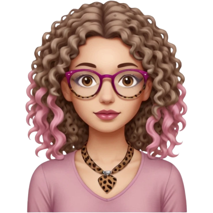 a gray eyed woman with light brunette long curly hair, full lips, pink soft blush and pale skin with leopard printed thin round-ish glasses wearing a silky brown top, a neck tatto that is in the middle of the neck so tiny saying before sunrise in a dactilo font. emoji