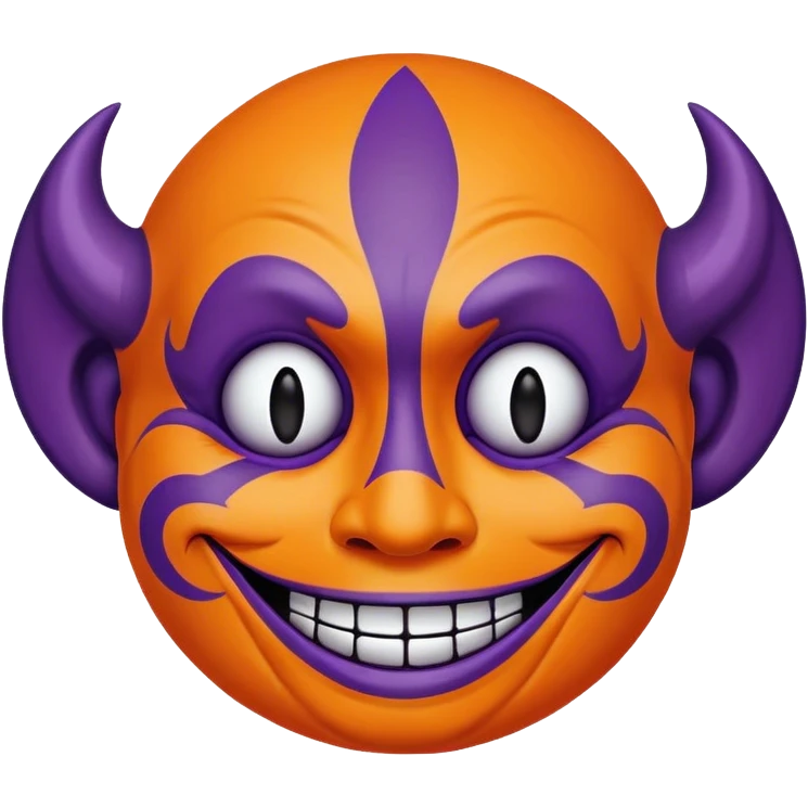 Juggalo smiley face that is Perfectly round and hairless with elaborate but symmetrical lined face paint that is orange bordered by dark purple emoji