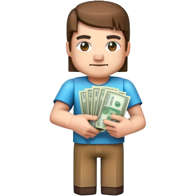 emoji style icon, minecraft blocky character holding a stack of money, pixel art style, bright colors, simple background, 3D glossy emoji, centered composition, soft shadow, high detail, clean outline, white background emoji