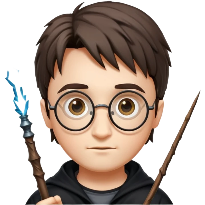 harry potter with round glasses, lightning scar, and wand emoji