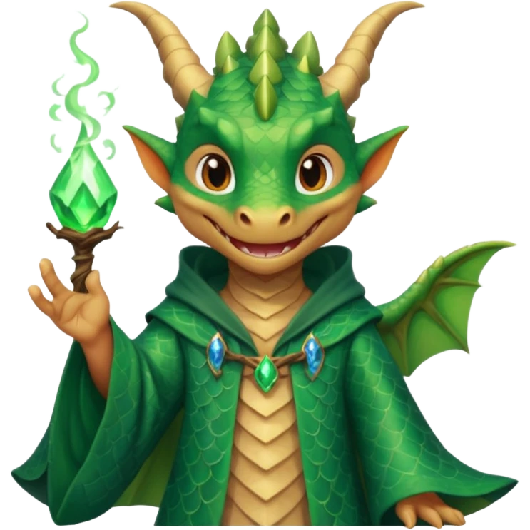 A dragon wearing wizard robes, casting a spell with a curious grin, portrait, bust up emoji