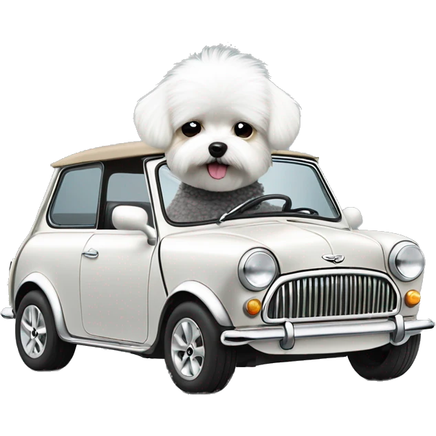 little white fluffy dog ​​driving a gray retro mini cooper 1600 cs emoji