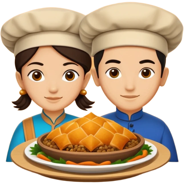 Uzbek cuisine humanless avatar in bright illustration. Classic dishes like plov and samsa, warm golden and earthy tones, simple shapes, flat design, high contrast, friendly and appetizing. emoji