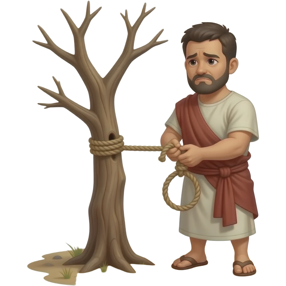 A full bodied short hair man, wearing old clothing from biblical times , in a desolate barren land with a dead tree, holding a rope and tying a noose to the trunk of the tree with a sad look on his face emoji