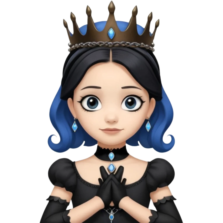 Tight fitting relaxed dressed, Holey and worn black evening gown with see-through wispy black gloves, holding arms-crossed in front smiling cute pose witchy mysterious Jenna Ortega as queen Wednesday Addams wearing a steampunk style mini tiara, very large blue evil-looking horned old evil eyes  emoji
