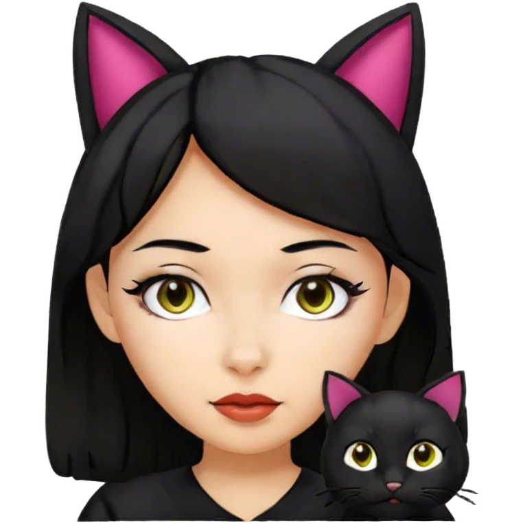 Girl with olive skin, black hair, and black cat ears emoji