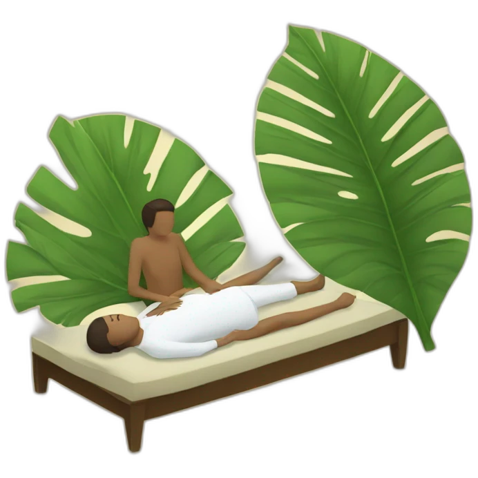person laying and someone fanning him with palm leaf emoji