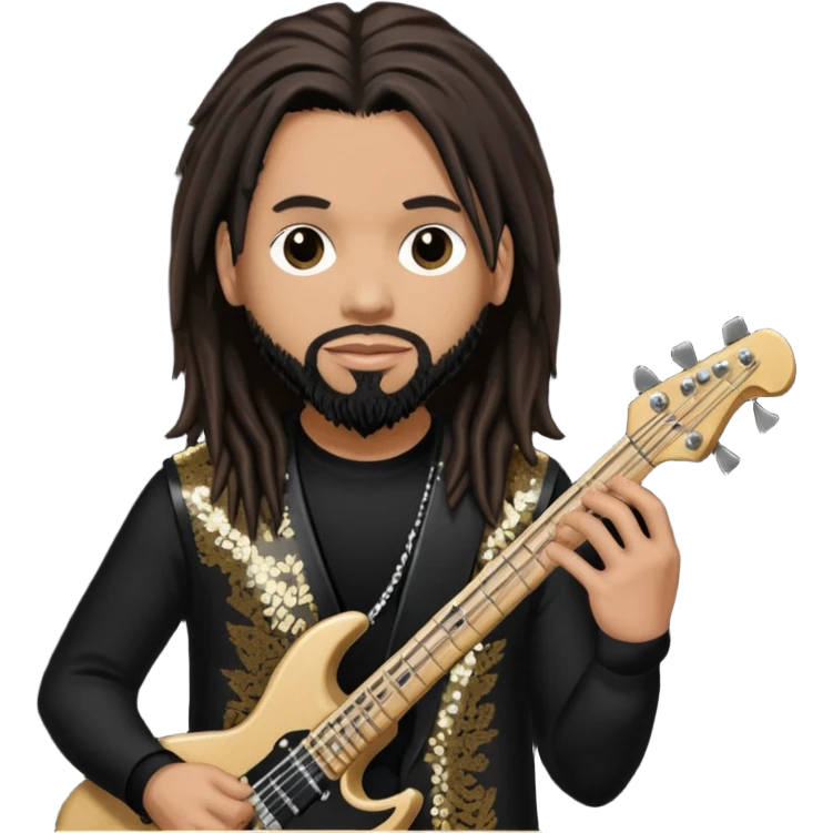 Reginald Fieldy Arvizu from Korn with long dark brown hair, light tan skin, black sequin outfit emoji